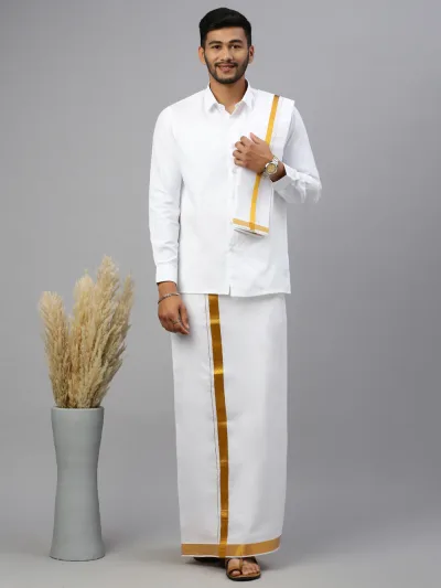 Men White with inch Gold Jari Border Single Layer Dhoti Shirting & Towel Set